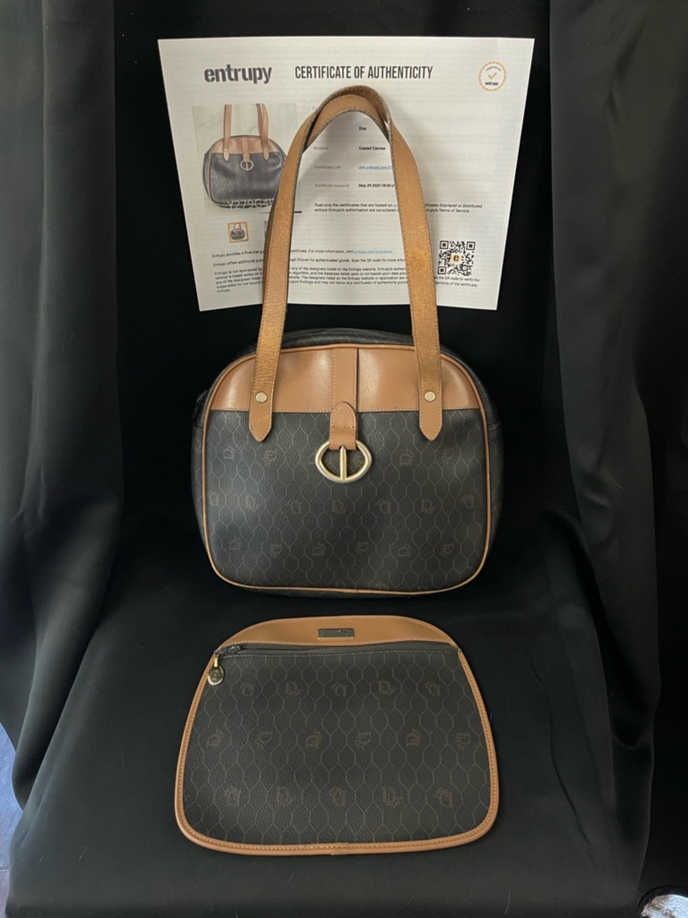 DIOR DARK Brown HONEYCOMB Shoulder Bag Tan Trim VTG GUC and Dior insert EUC COA